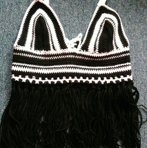 Black and white crop top with tassels (handmade)